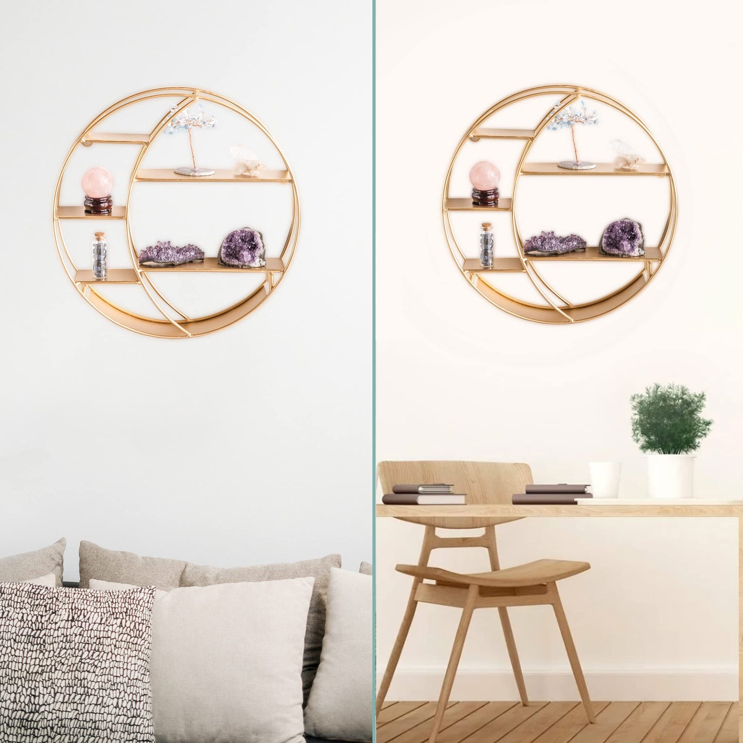 Apresolar 14'' Matte Gold Moon Shelf for Crystals - 7-Tier Open Design, Wall & Countertop Display, Modern Style, Holds Crystals, Essential Oils, Nail Polish