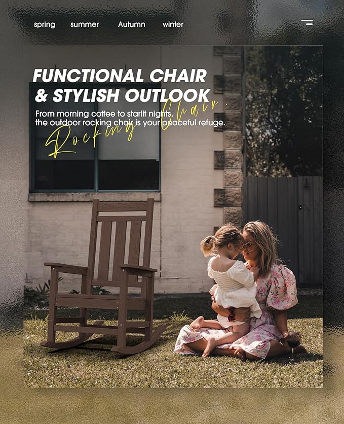 KINGYES Oversized Outdoor Rocking Chair, All-Weather Patio Rocking Chairs for Porch, HDPE Outdoor Patio Rockers with High Back & Wide Seat for Garden, Lawn, Coffee