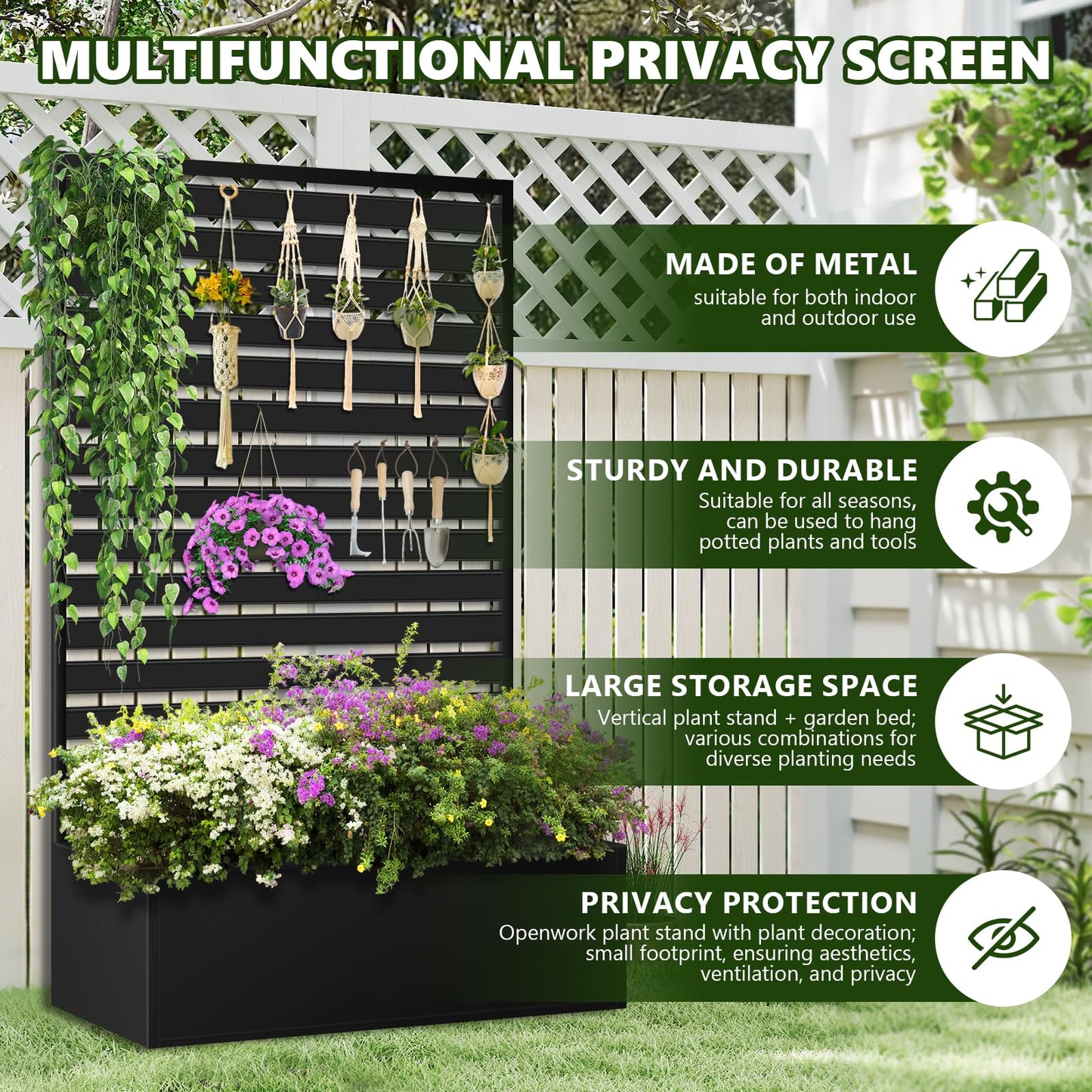 Metal Raised Garden Bed with Trellis, 2 in 1 Trellis with Planter Box & Privacy Screen for Climbing Plants, Vine, Outdoor Standing Flower Beds with Drainage Holes, 35" L x 16" W x 71" H, Black