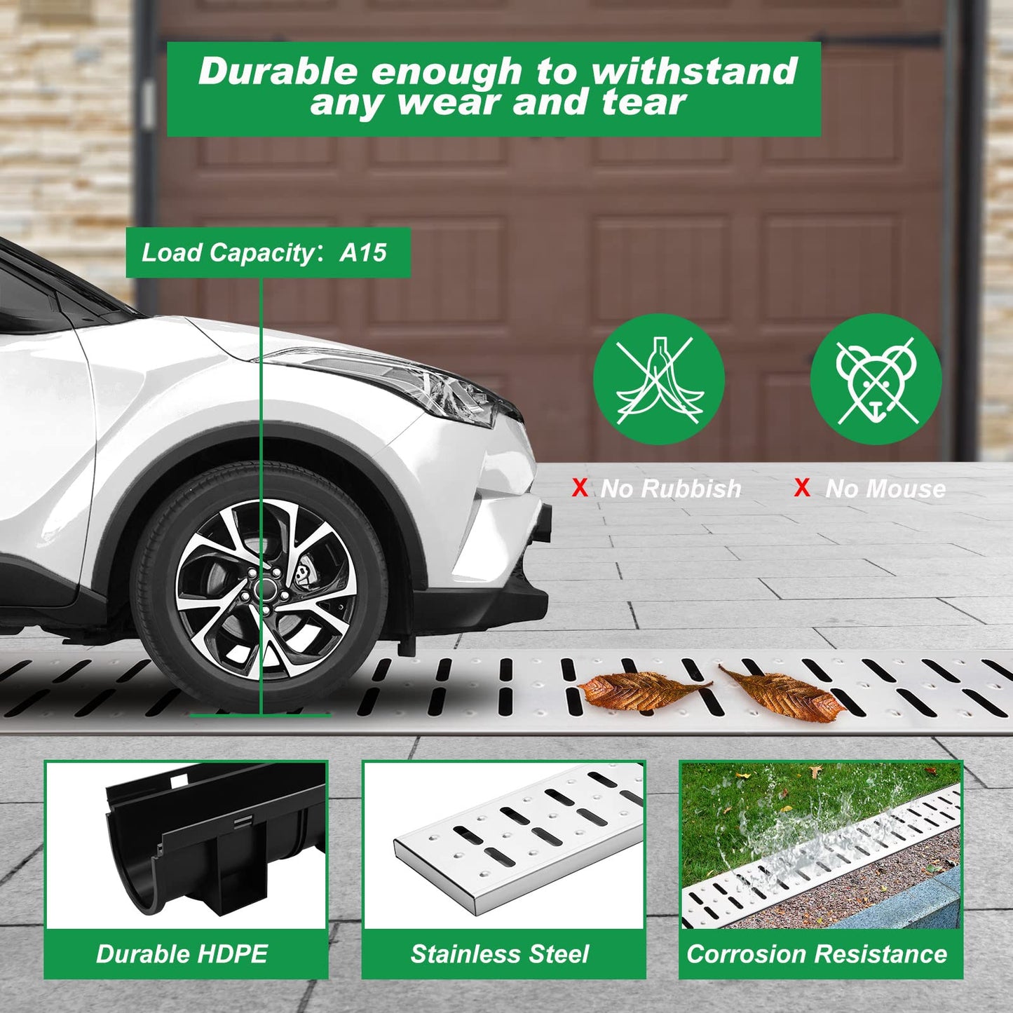 Amylove 3 Set Black Driveway Channel Drain with Stainless Steel Grate and Plastic End Caps 39.4 x 5.9 x 5.1 Inches, Outdoor Garage Floor Drainage Trench Systems for Lawn Landscaped Garden Pool