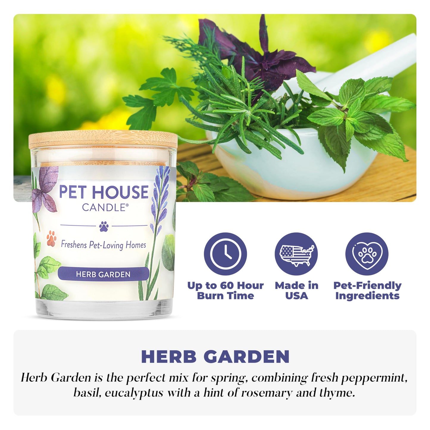 Pet House Candles, Plant-Based, Long Lasting, Pet Friendly Candles for Home, 60 Hour Burn Time - Herb Garden, 9 oz