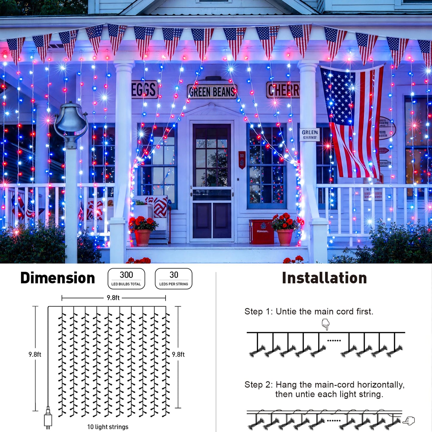 JMEXSUSS 300LED Red White and Blue Lights with Remote, 4th of July Lights Plug in, Patriots Curtain Hanging String Lights for Bedroom Wall Window Backdrop Indoor Outdoor 4th of July Decor, 9.8x9.8ft