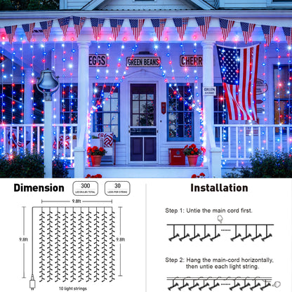 JMEXSUSS 300LED Red White and Blue Lights with Remote, 4th of July Lights Plug in, Patriots Curtain Hanging String Lights for Bedroom Wall Window Backdrop Indoor Outdoor 4th of July Decor, 9.8x9.8ft