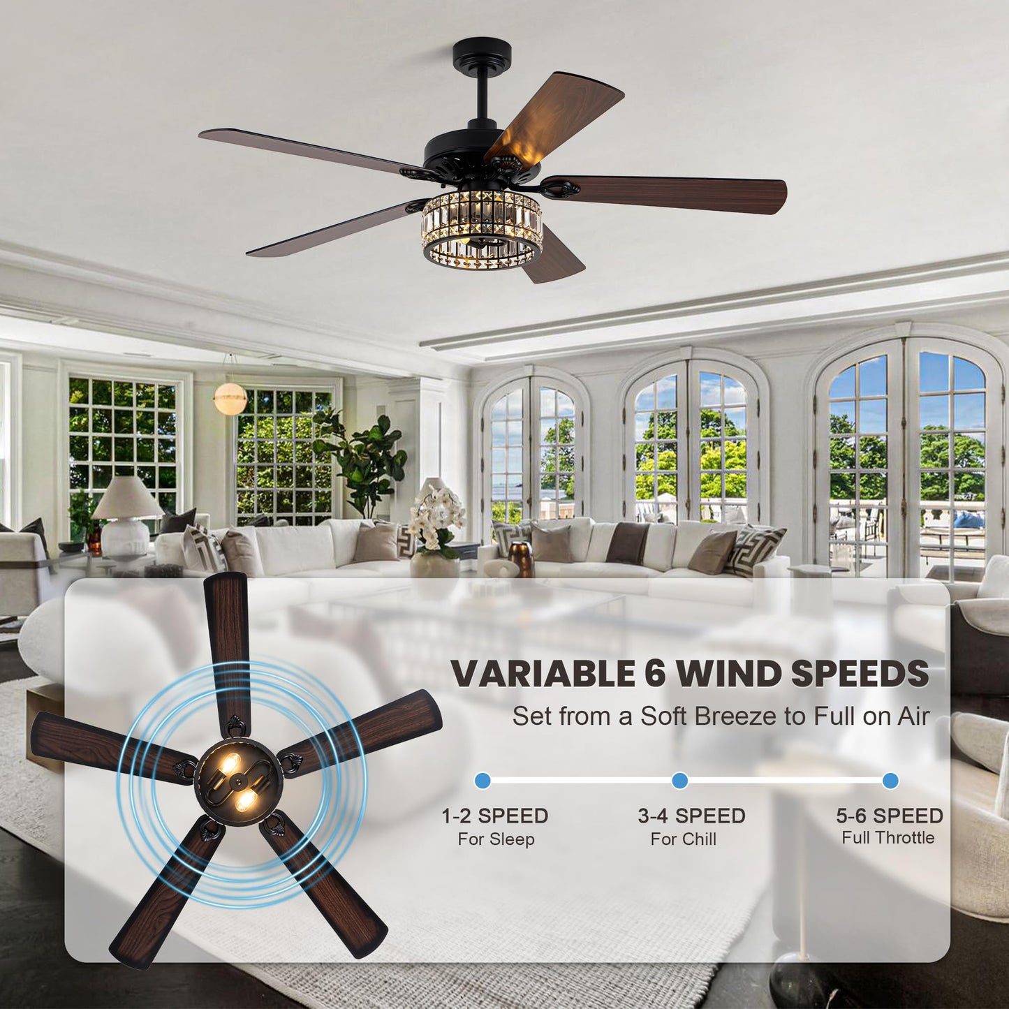Dawn Whisper 60 Inch Crystal Chandelier Ceiling Fans with Lights Black Large Modern Ceiling Fans for Living Room Bedroom Quiet and Reversible DC Motor 6 Speeds Enegery Efficient