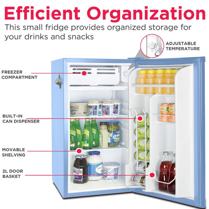 Frigidaire Retro Compact Fridge with Chiller, 3.2 cu ft Countertop Fridge with Built-In Bottle Opener, Compact Refrigerator for Office, Bedroom, Dorm Room or Cabin - 16.5" D x 19" W x 31" H (Blue)