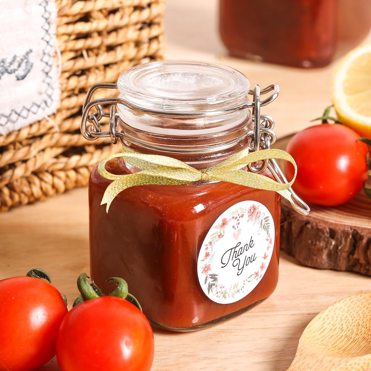 ComSaf 4 oz Glass Jars with Lid, Set of 12 Mini Airtight Glass Jars, Spice Jars, Small Mason Jar, Canning Jar Square with Seal Wire Clip Fastening, Labels & Funnels for Jam, Honey, Kitchen, Wedding