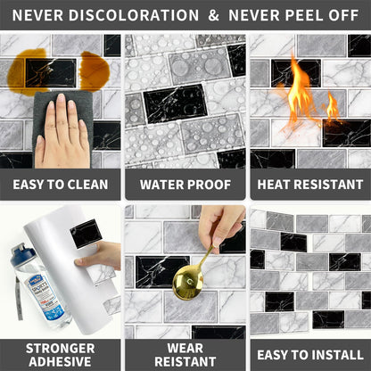 URCOLOR 10-Sheet Peel and Stick Backsplash Tile Sticker for Kitchen,12"x12" Self Adhesive Subway Wall Tiles Stick on Back Splashes for Bathroom White Gray Black White Marble Design