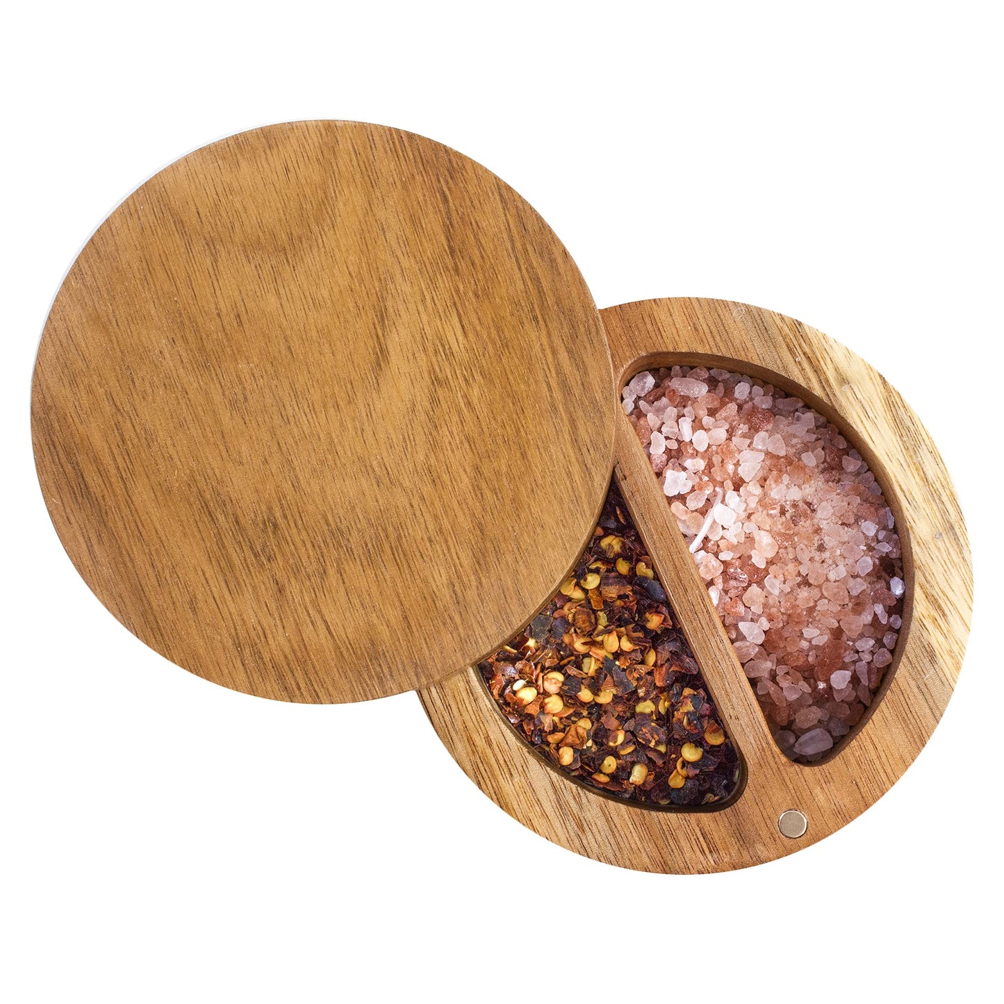 Totally Bamboo Rock & Branch Acacia Duet Salt and Pepper Bowl, Salt Cellar and Storage Box with Two Compartments, Magnetic Swivel Lid