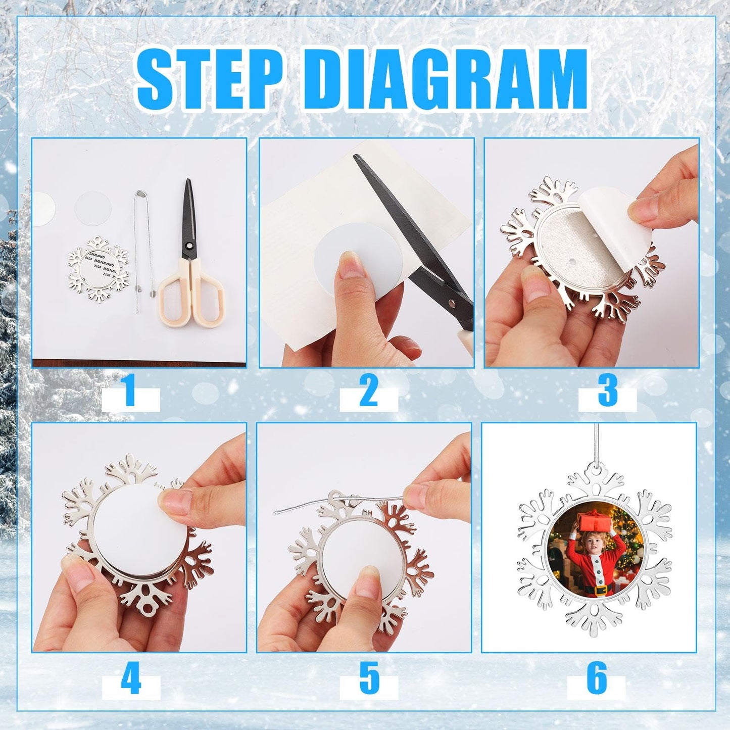 Soaoo 6 Pcs Metal Christmas Photo Frame Ornament Bulk Silver Snowflake Tree Picture Frame Ornament Double-Sided for Christmas Tree Hanging Xmas Home Indoor Outdoor Decorations Keepsake Gifts