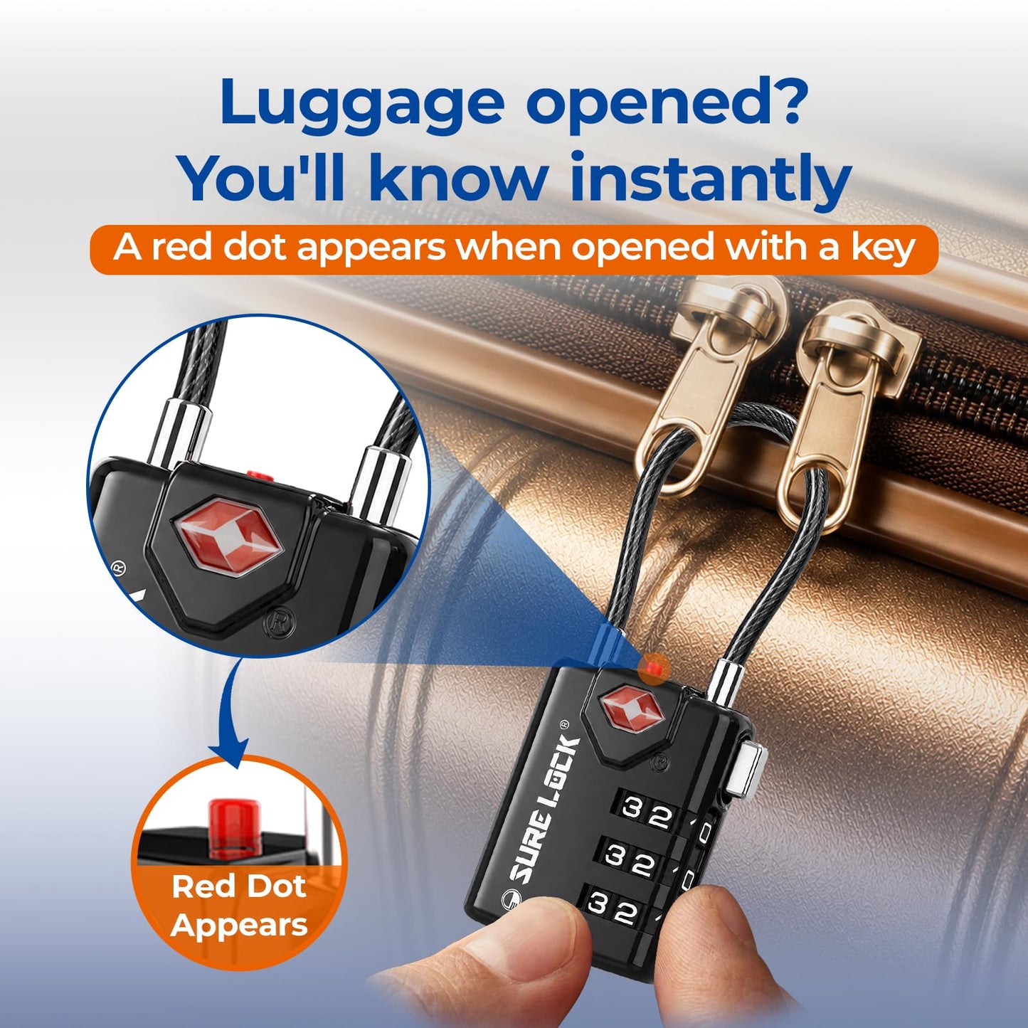 SURE LOCK TSA Approved Luggage Locks with Open Alert Indicator, 3 Digit Combination Cable Travel Lock for Suitcase, Backpack, Gym Locker, Toolbox & Travel Bag, 2 Pack Black