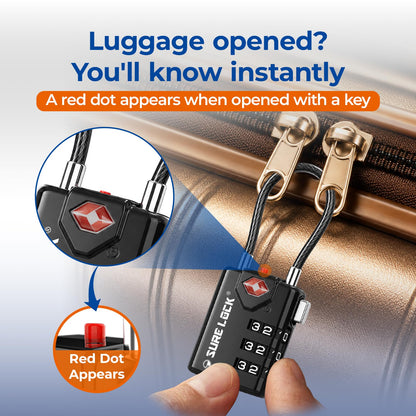 SURE LOCK TSA Approved Luggage Locks with Open Alert Indicator, 3 Digit Combination Cable Travel Lock for Suitcase, Backpack, Gym Locker, Toolbox & Travel Bag, 2 Pack Black