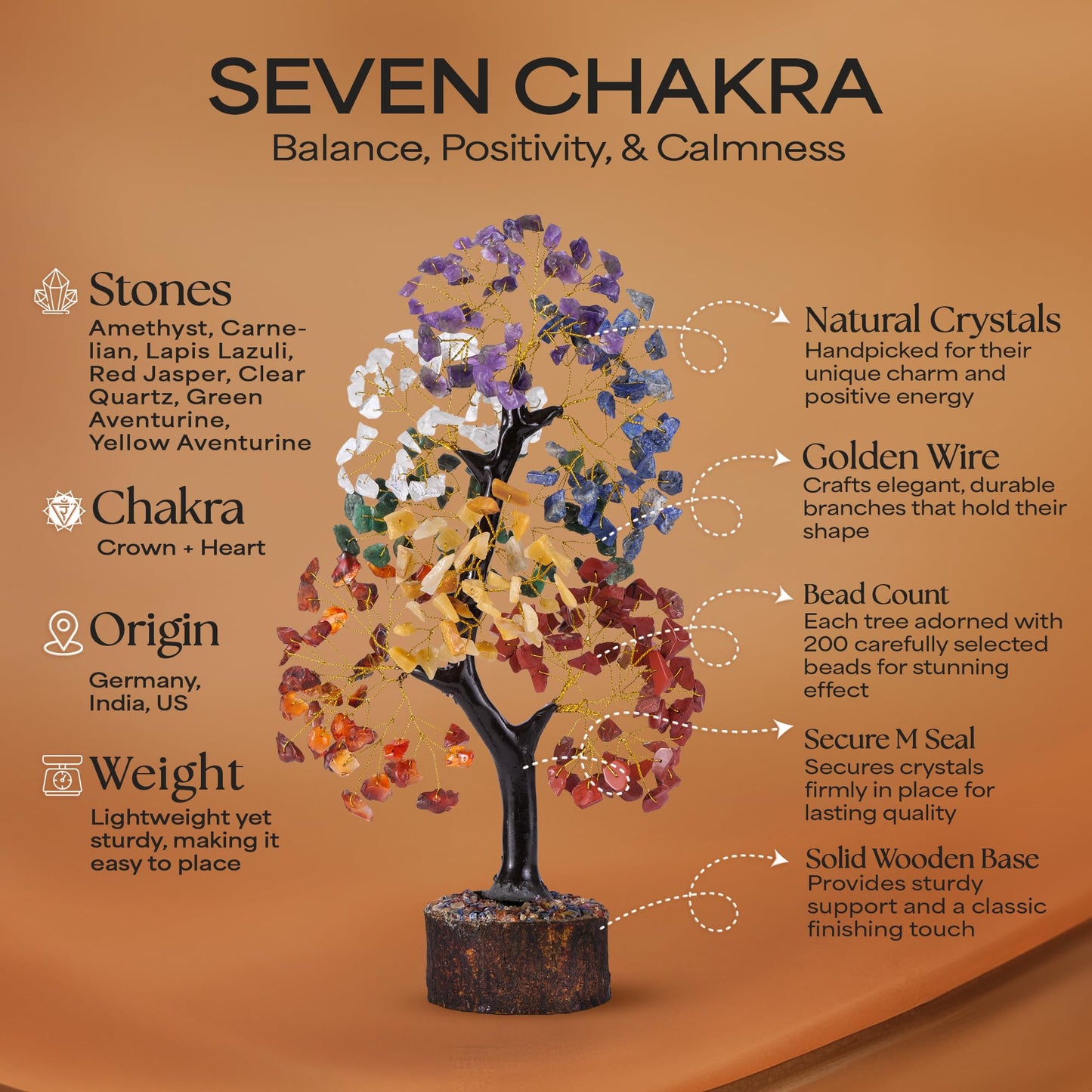 Crystal Tree of Life with Selenite Chakra Wand Stick, 7 Chakra Healing Crystal Trees, Office Desk Decor, Room Decor, Bonsai Trees for Positive Energy, Money, Good Luck Birthday Gifts for Women 10-12"
