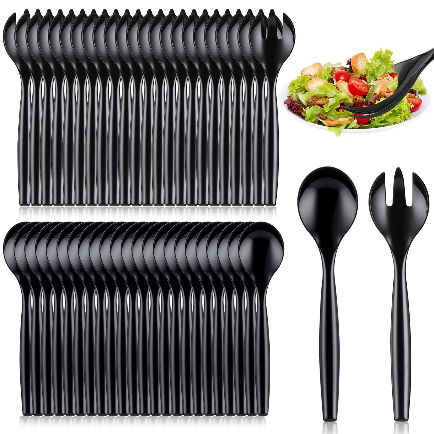 Mwellewm 32Pcs Serving Spoons 10'' Large Plastic Serving Utensils Set Slotted Disposable Serving Forks Heavy Duty Black Party Supplies for Buffet Restaurant Dinner Salad Noodles Soup