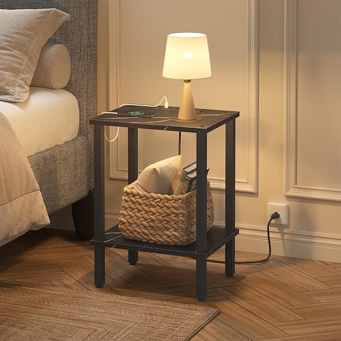 TUTOTAK End Table with Charging Station, Small Side Table, Nightstand Bedside