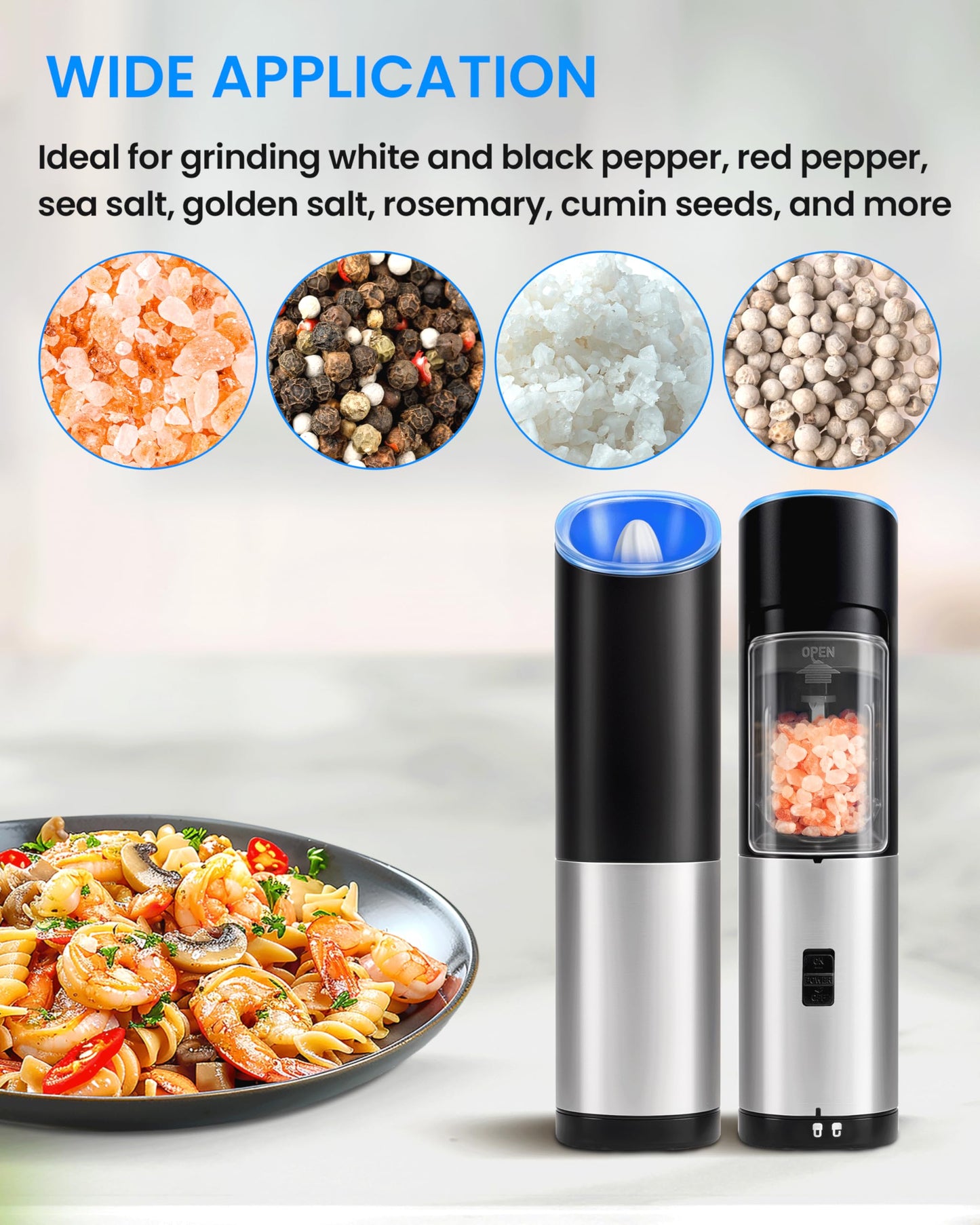 Simple Deluxe Stainless Steel Gravity Electric Salt & Pepper Grinder Set, Battery Powered with Blue LED Light, Adjustable Coarseness, One Hand Automatic Operation, Silver