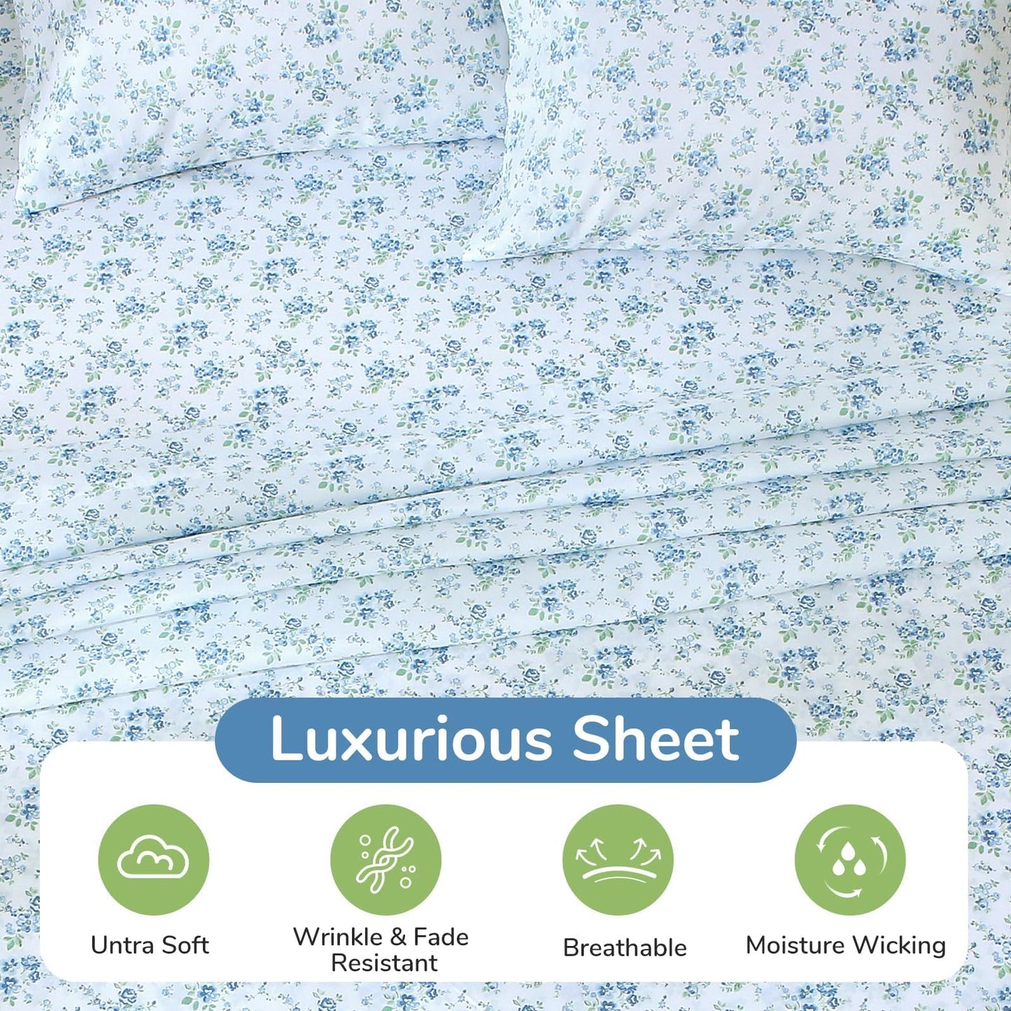 MUXHOMO Full Size 4 Piece Sheet Set, Soft Breathable Bed Sheet Set for Bedroom with Deep Pocket Up to 16", Wrinkle-Free & Cooling Bedding for Oeko-TEX Certified - Blossoms Light Blue