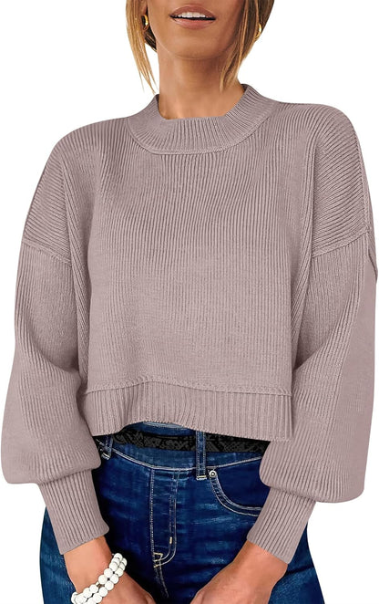ANRABESS Womens Cropped Sweaters Oversized Crewneck Long Batwing Sleeve Side Slit Ribbed Knit Pullover Tops 2025 Fall Clothes