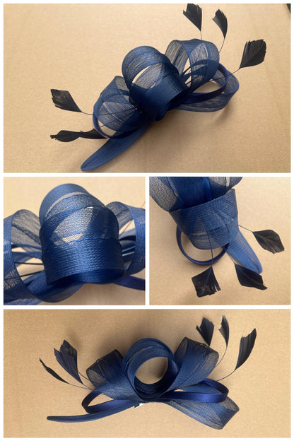 Sinamay Flower Feather Headband Fascinator Wedding Headwear Ladies Race Royal Ascot Pillbox Wedding Cocktail Tea Party Derby Hat for Women（B4-Navy）