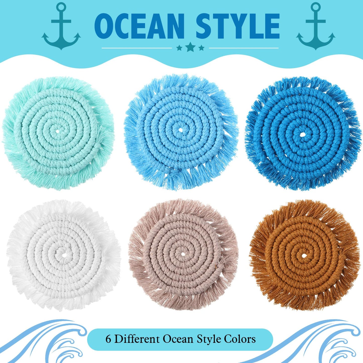 Coasters Set of 6 for Drinks Boho Absorbent Woven Cotton Coaster with Holder Farmhouse Tassel Macrame Cup Mat Housewarming Gift for Coffee Table Home Kitchen Office Decoration, 4 in(Ocean)