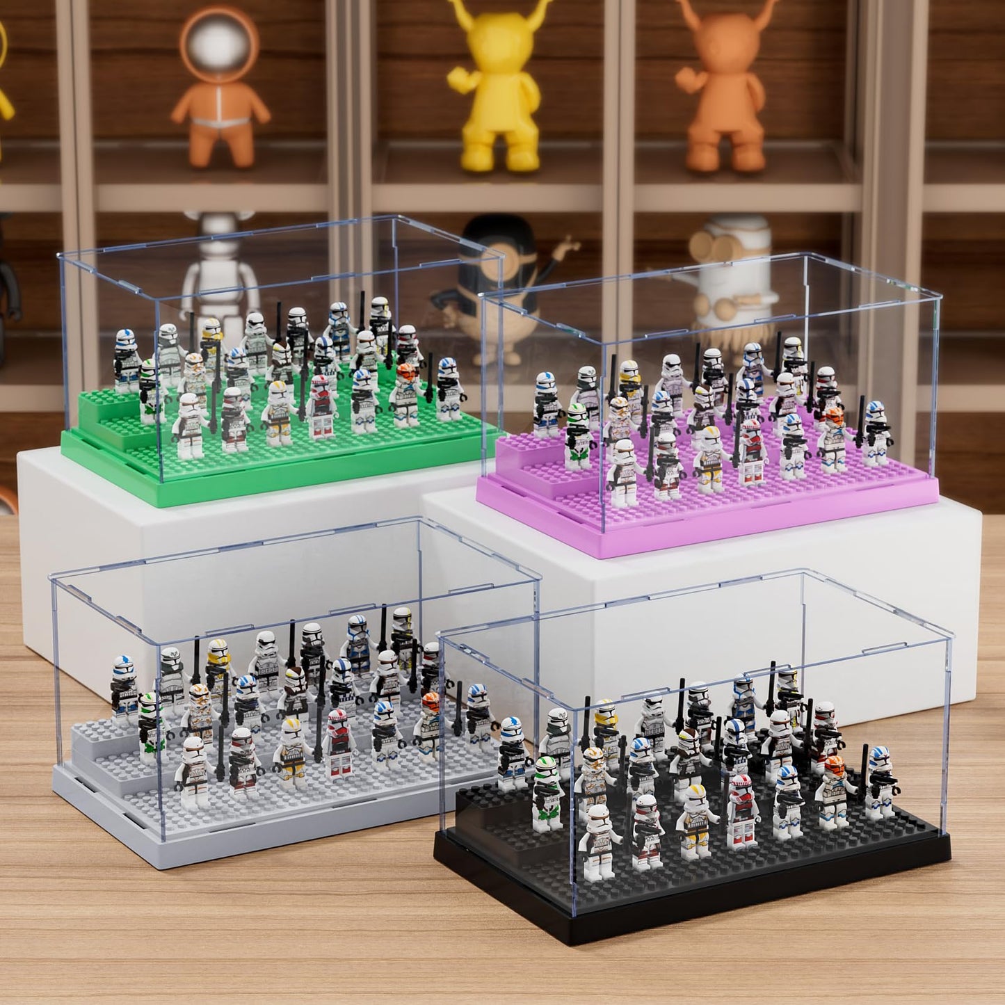 2 Pack Minifigure Display Case for Action Figures Blocks, Clear Dustproof Acrylic Display Box Storage with 3 Movable Steps Gifts for Children,Black…