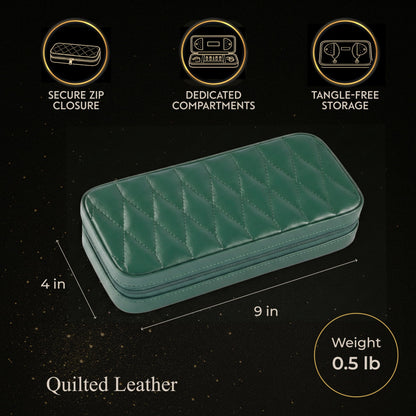 Bey-Berk Diamond-Quilted Leather Travel Jewelry Case, Green, 9" x 4" x 1.75"