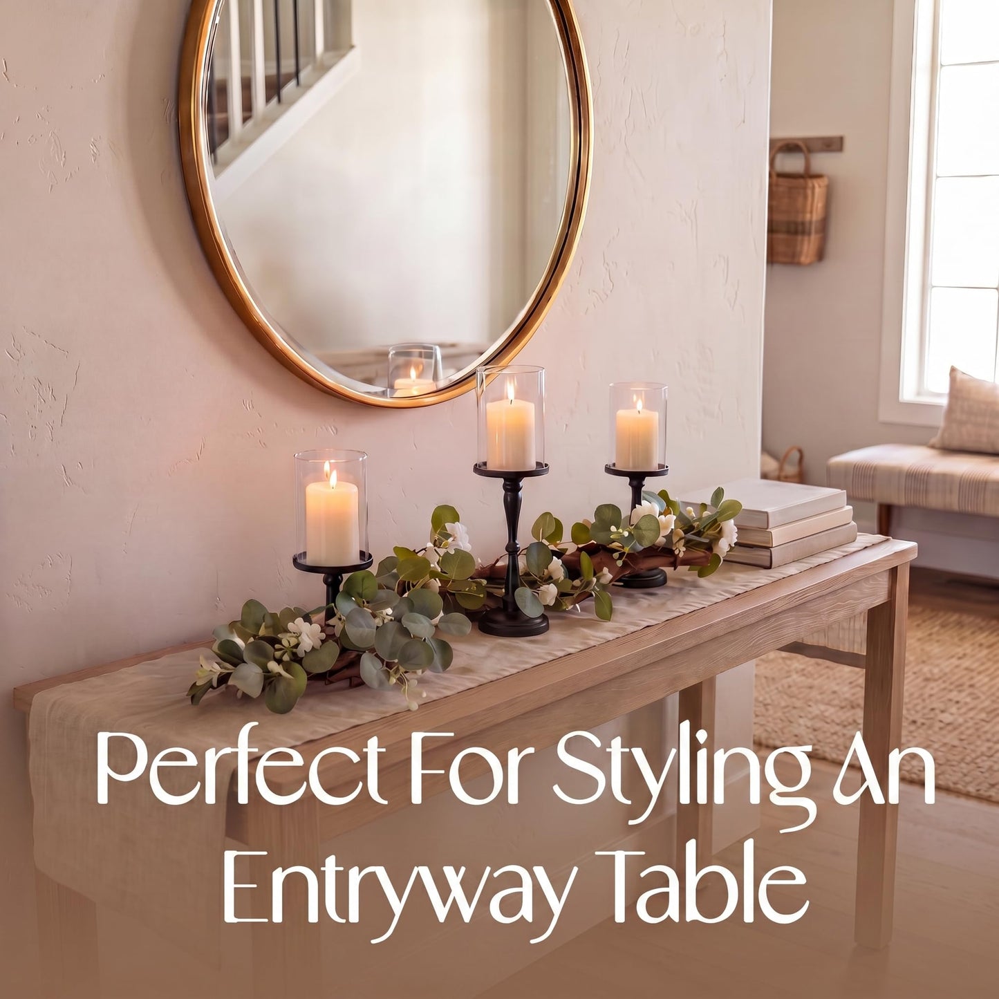 Eucalyptus Table Centerpiece with Candle Holders, Farmhouse Greenery Decor Black