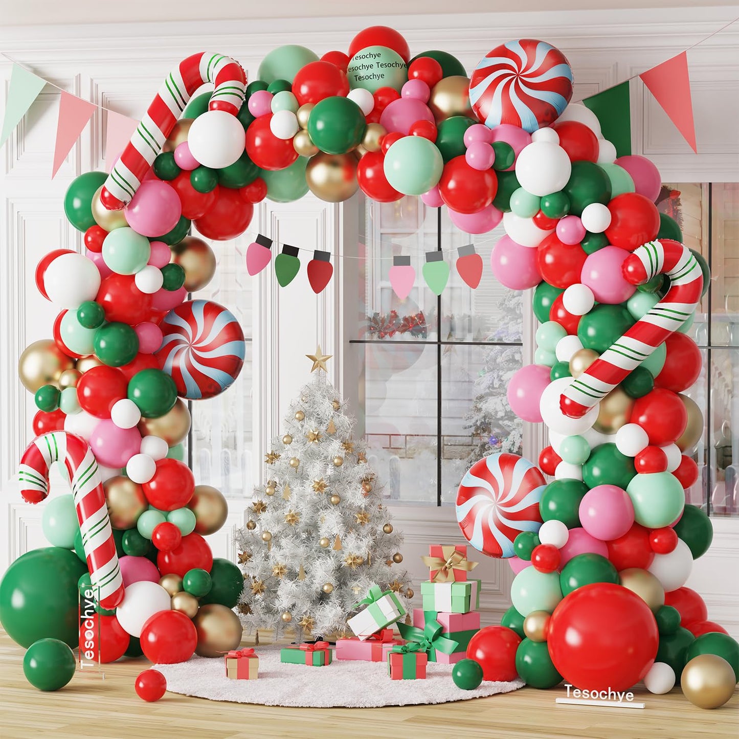 Tesochye Christmas Balloon Garland Arch kit, 161 Pcs Red Green White Pink Metallic Gold Balloons Candy Cane Foil Balloons for Xmas Christmas Party Decorations Candy Theme Birthday Baby Shower Supplies