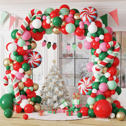 Tesochye Christmas Balloon Garland Arch kit, 161 Pcs Red Green White Pink Metallic Gold Balloons Candy Cane Foil Balloons for Xmas Christmas Party Decorations Candy Theme Birthday Baby Shower Supplies