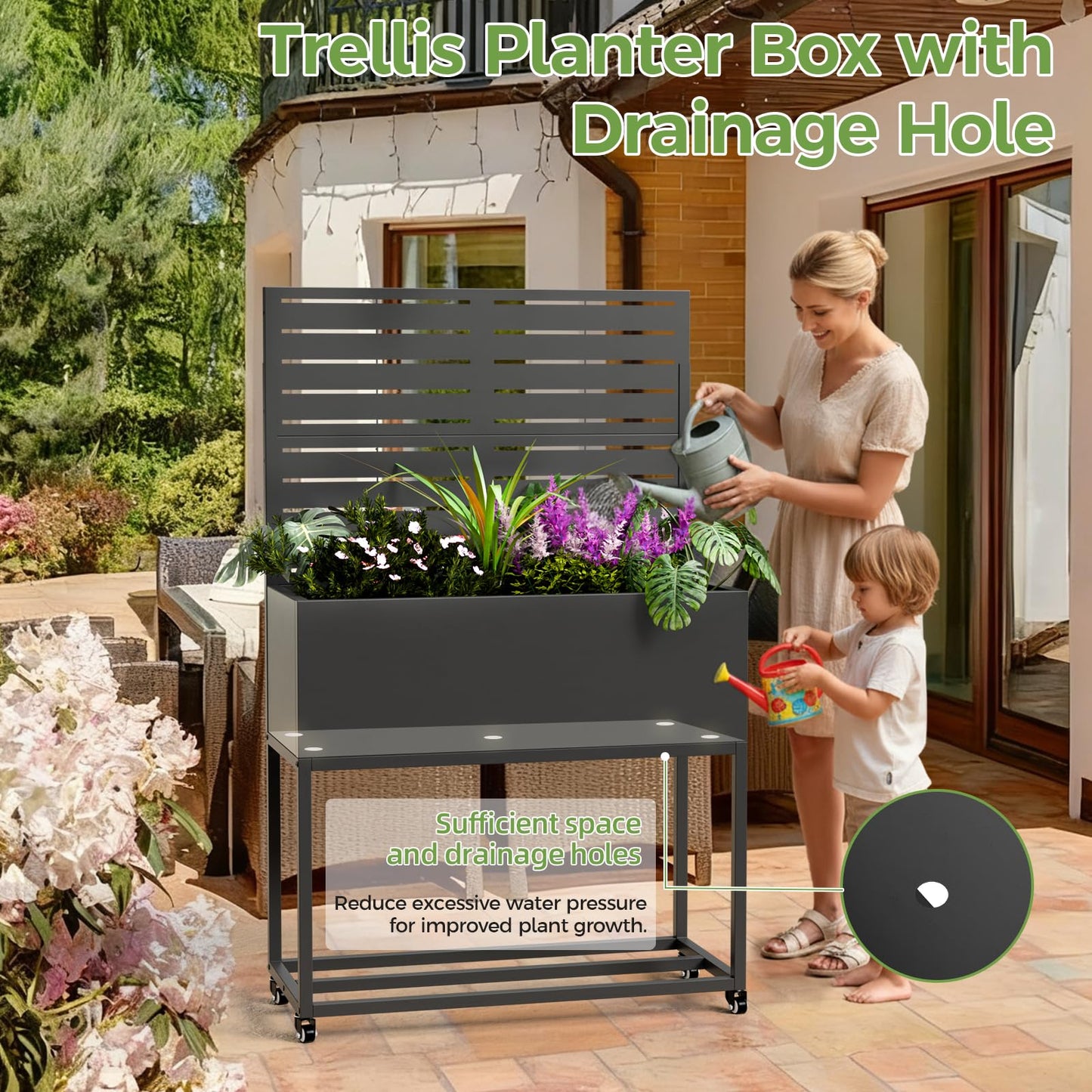 Metal Planter Box with Trellis, 3 in 1 Raised Garden Bed with Trelli & Firewood Rack, Privacy Planter Screen for Climbing Plants, Vine, Outdoor Garden Standing Beds with Drainage Holes, Wheels,Black