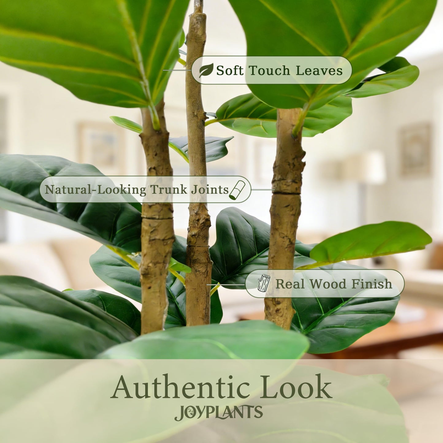 Joyplants 5ft Fake Fiddle Leaf Fig Tree, Realistic Fake Plants with Natural-Looking Trunk, Evergreen Faux Plants Indoor for Home & Office Decor（3 Poles, White Pot）