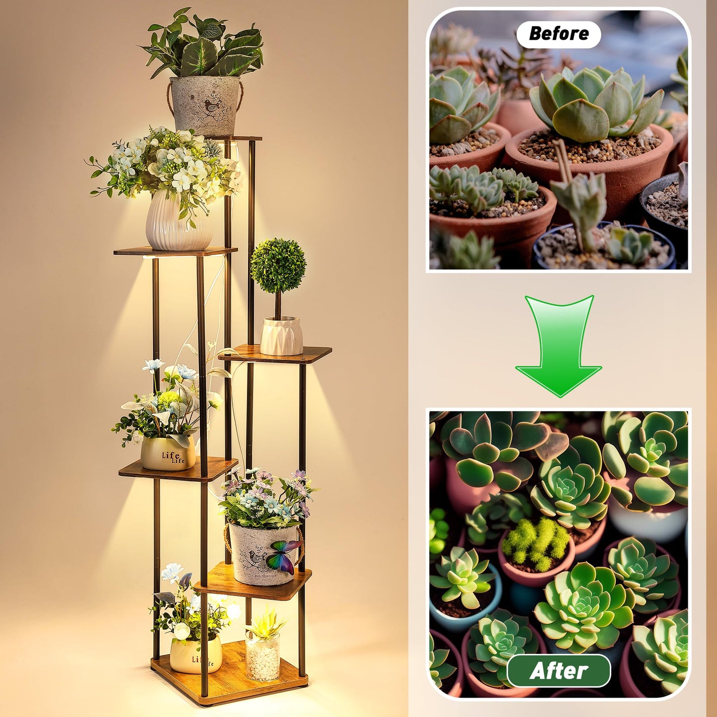 Dreyoo Plant Stand with Grow Light Indoor, 6 Tier 6 Potted Sturdy Metal Plant Shelf, Multiple Plant Holder Tall Plant Ladder for Display Plant Flower Corner Living Room Office (Black, Brown)