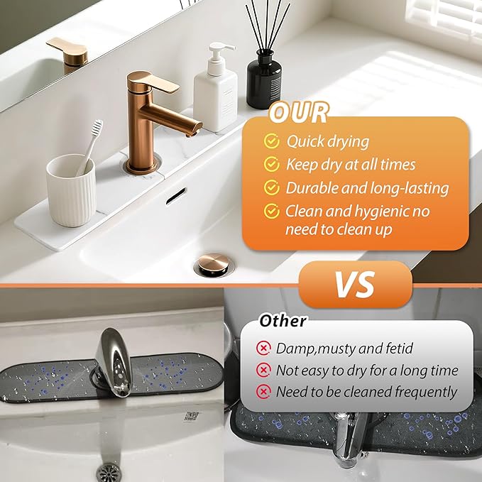 Kitchen Sink Faucet Mat, Diatomaceous Earth Quick Dry Sink Splashback Drying Mat