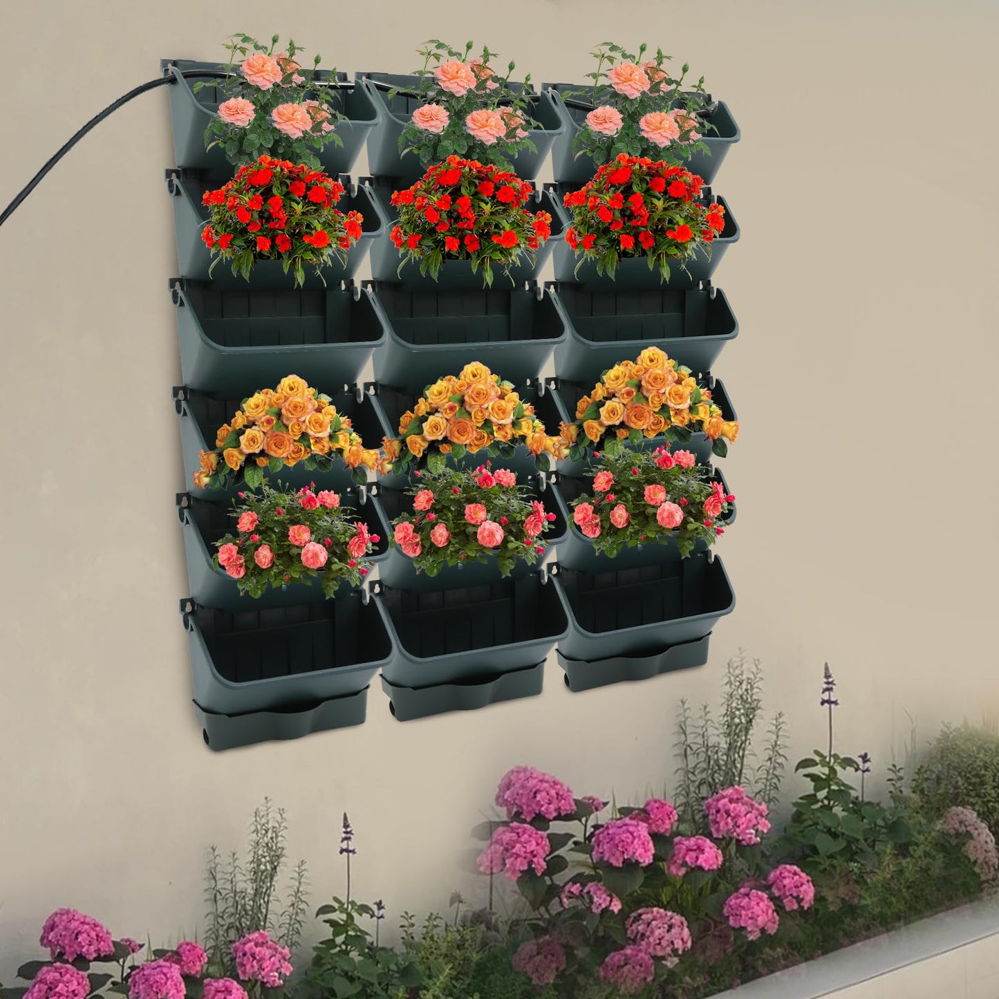 Cashewnuts 18 Pots Vertical Living Green Wall Wall-Mounted Drip Irrigation Planter Vertical Hanging Irrigation Planter Self Watering Stackable Box Kit, 39.37" L x 39.37" W x 5.51" H (Green)