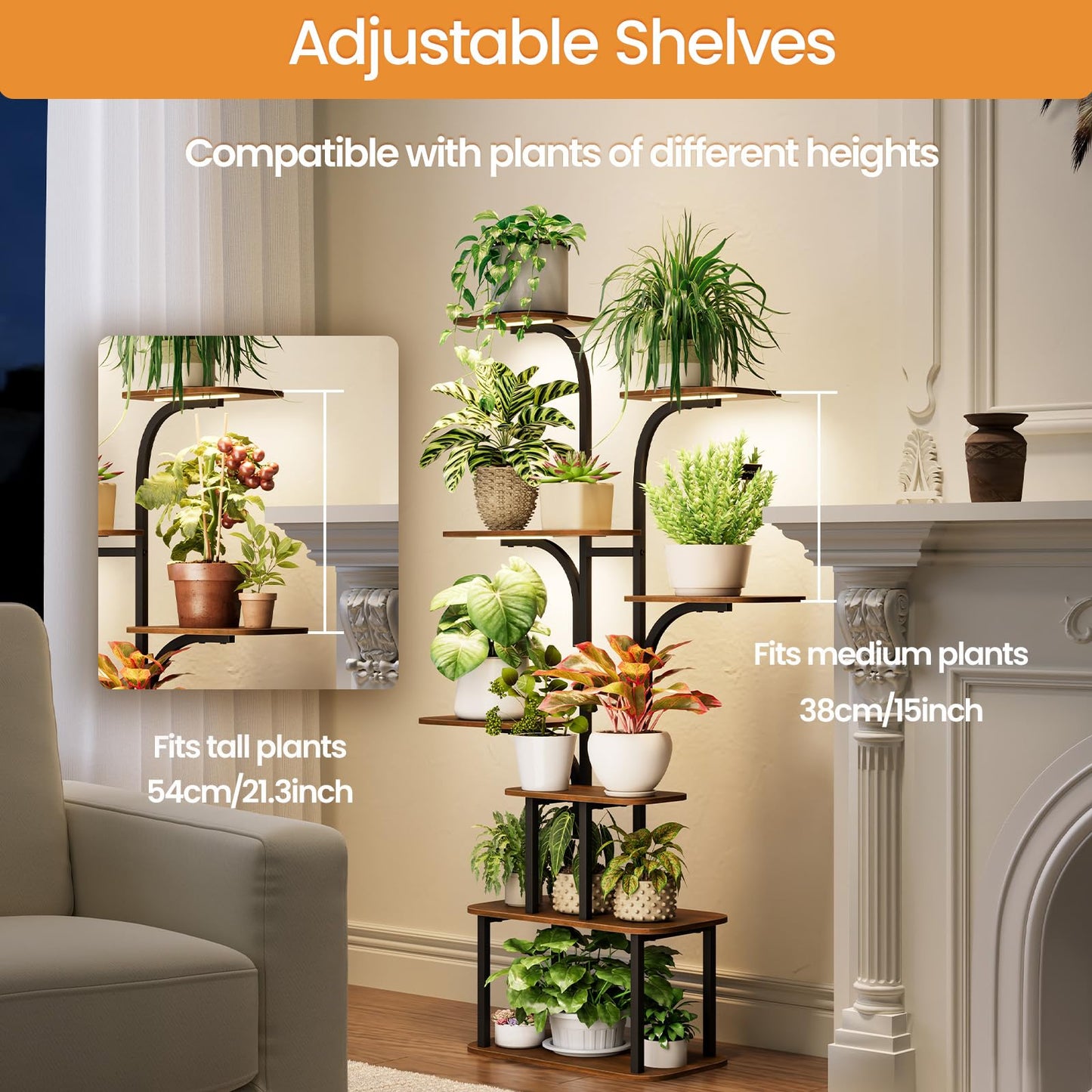 MemoCastle Tall Plant Stand with Grow Lights – 8 Tier 63" Metal and Wooden Indoor Flower Shelf Rack, Adjustable Large Corner Organizer for Living Room or Home Gardening Display