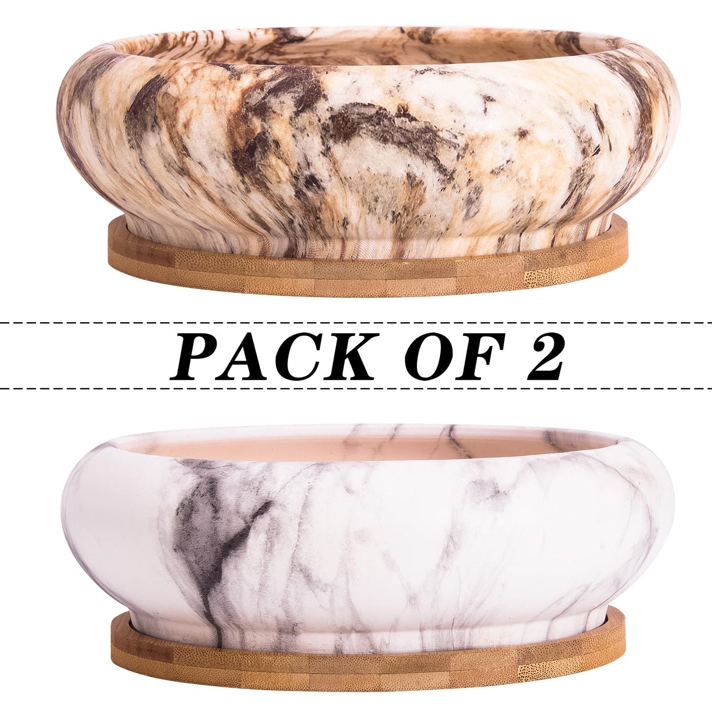 ARTKETTY Succulent Pots - 7.3 Inch Pack of 4, Shallow Bonsai Pots with Drainage, Tray & Bamboo Saucers, Ceramic Indoor Plant Pots for Succulent, Cactus, Flower, Herb