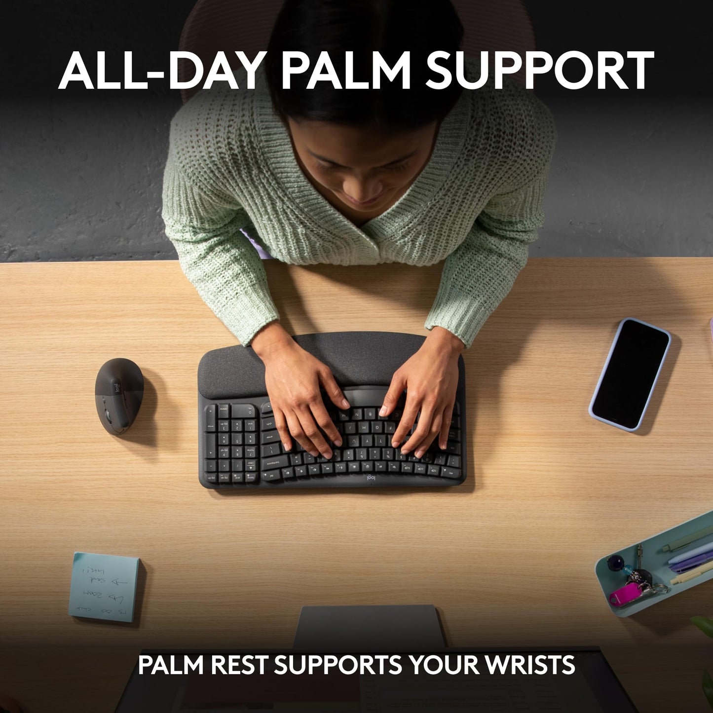 Logitech Wave Keys Wireless Ergonomic Keyboard with Cushioned Palm Rest, Comfortable Natural Typing, Easy-Switch, Bluetooth, Logi Bolt Receiver, for Multi-OS, Windows/Mac - Rose