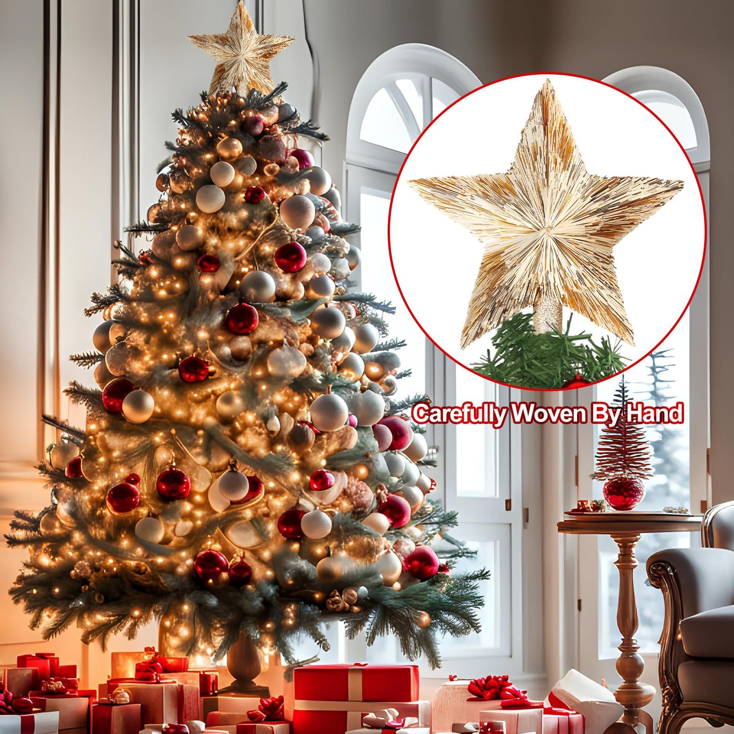 Gejoy 8.6 Inch Christmas Star Tree Topper Champagne Gold Star Tree Topper Glitter Xmas Tree Top Ornament Estrella para Arbol De Navidad for Christmas Tree Decorations Xmas Party Home Office Decor