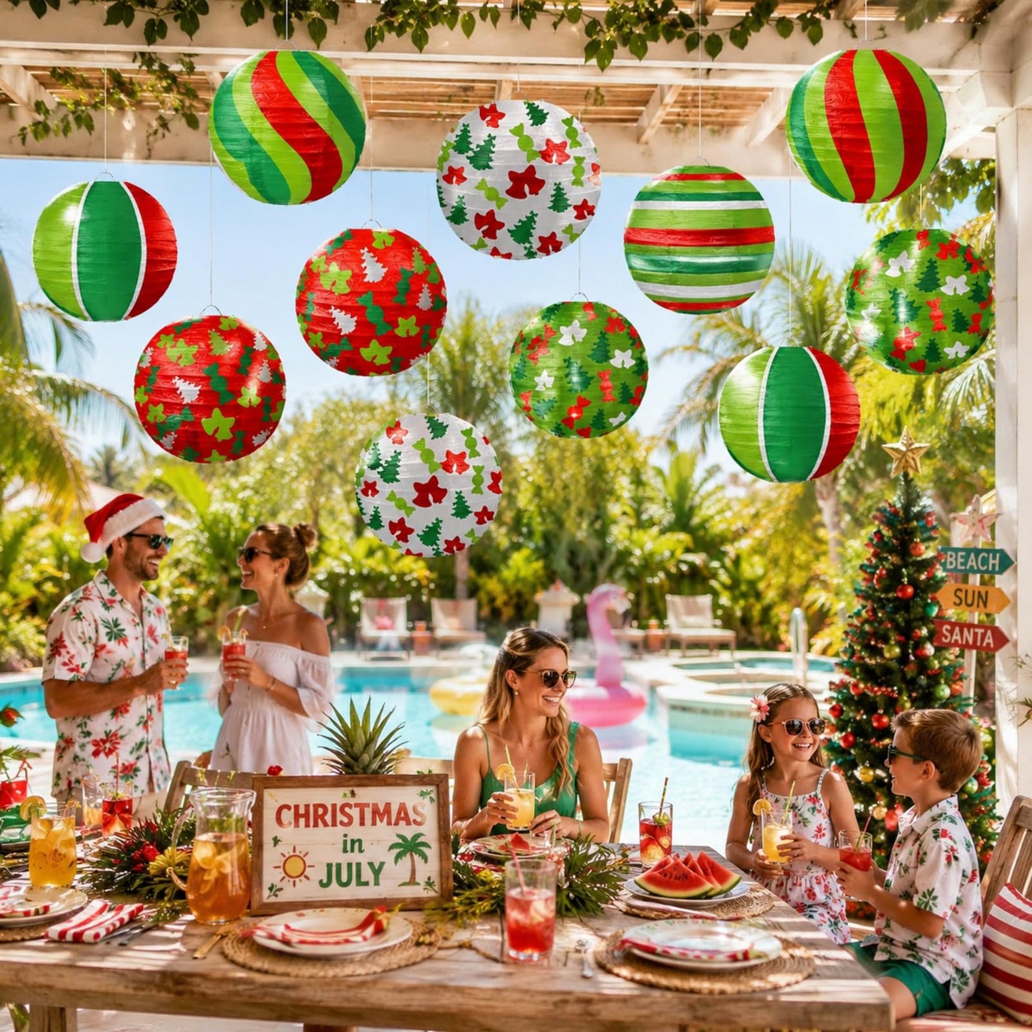ADLKGG 12PCS Christmas Paper Lanterns Decorations - Hanging Xmas Lanterns with Trees, Bells, Stripes Patterns for Christmas in July & Winter Holiday Party Supplies, Home Patio Classroom Decor