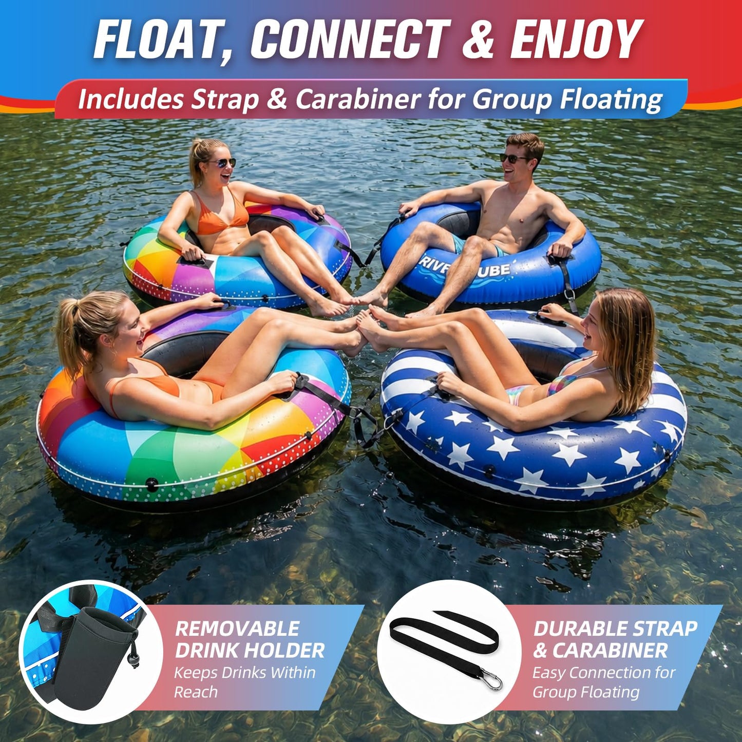 ZEALFEEL River Tube, 48'' Heavy Duty Rubber River Float Tube with Commercial Grade Inner Tube, Premium Canvas Cover, Removable Cup Holder & Tow Strap, Inflatable Tube for Adults Lake Pool Floating