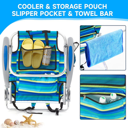 Canpsky 2 Pack Lightweight Portable Camping Beach Chair for Adults, Outdoor Lay Flat Folding Beach Chairs with 5 Positions, Backpack Beach Chair with Towel Bar, Zipper Pouch, Cup Holder, Ocean Striped