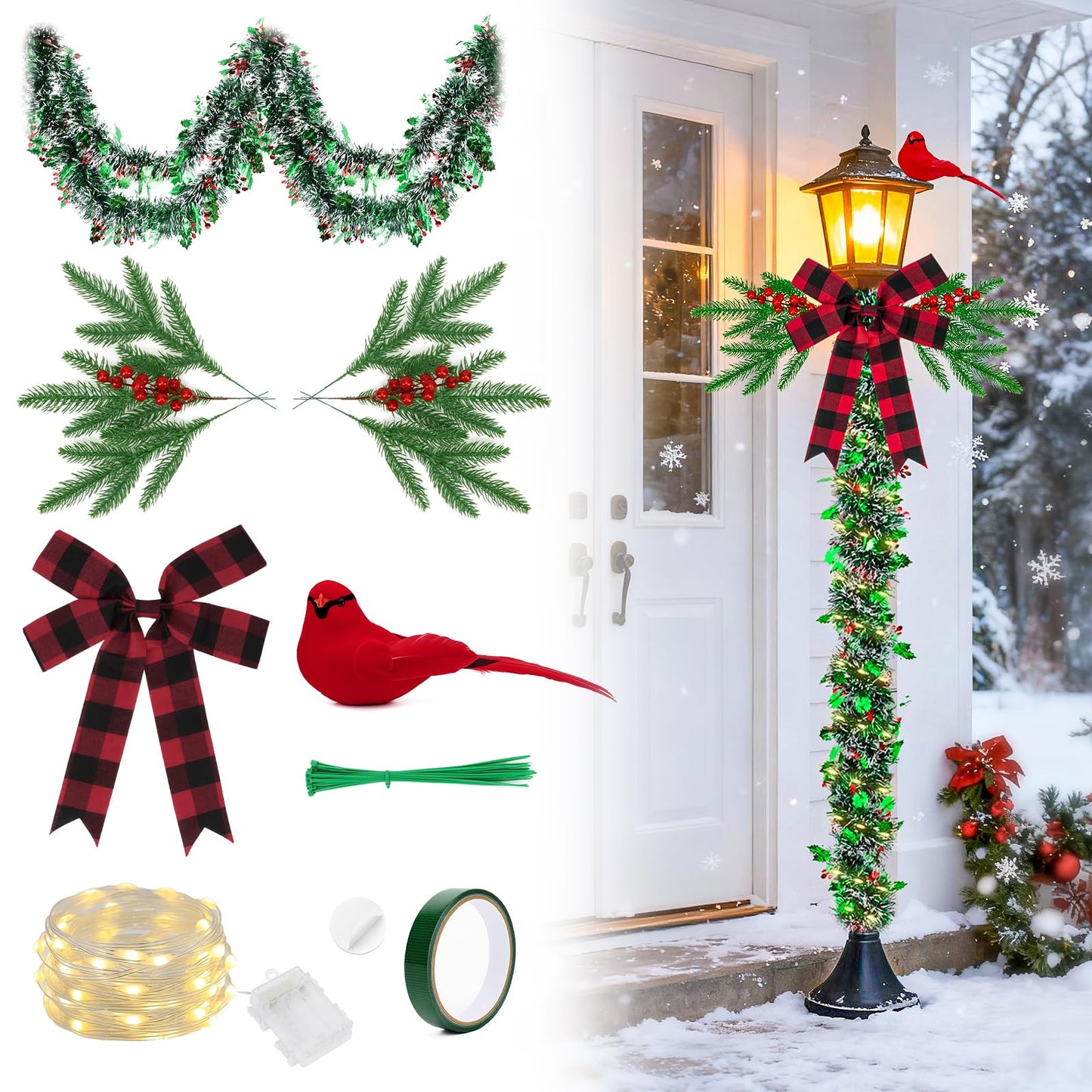 YIBOBO 13Pcs Christmas Lamp Post Decoration Set Include String Light, Pine Branches, Red Berries, Tinsel Garlands, Checkered Bow and Cardinal Bird for Outdoor Holiday Porch Lawn, NOT Include Lamp Post