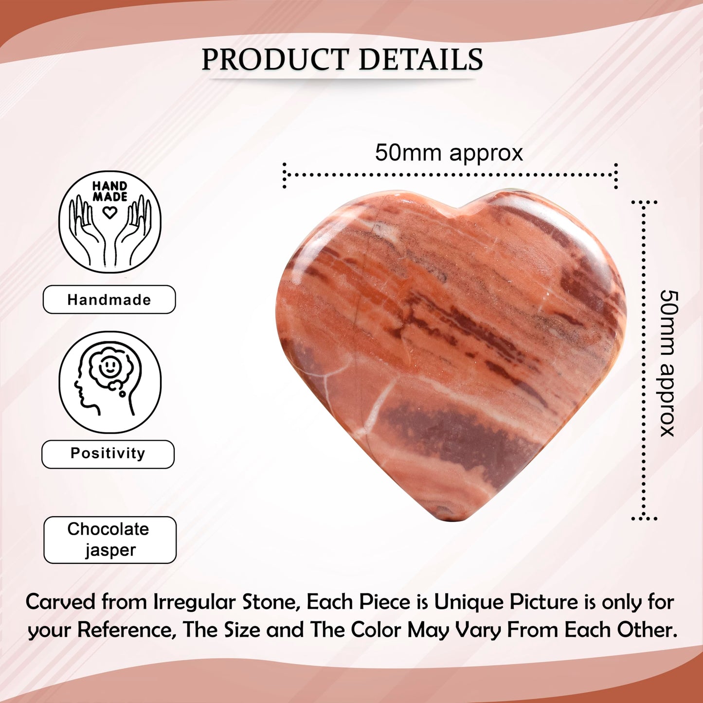 Crocon 50mm Chocolate jasper Heart stone Big Heart Shape Puff Stones Set Pocket Crystal Healing Tumble Collection Palm Worry Stone Good Luck Charm Meditation Gifts for women