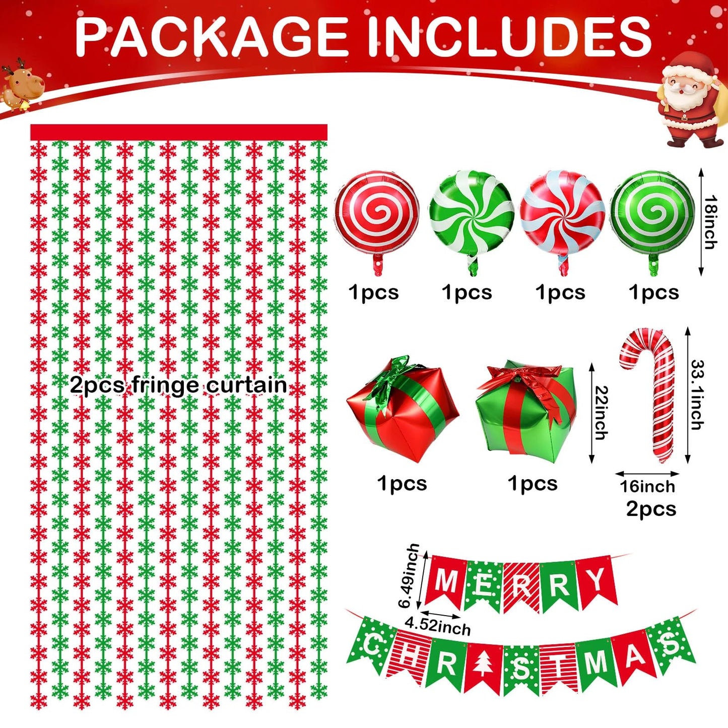 Blosssound 11PCS Christmas Decorations Set Xmas Foil Fringe Curtains Backdrop Christmas Banner Lollipop Candy Cane Balloon Red Green Snowflake Garland for Christmas New Year Ugly Sweater Party Decor
