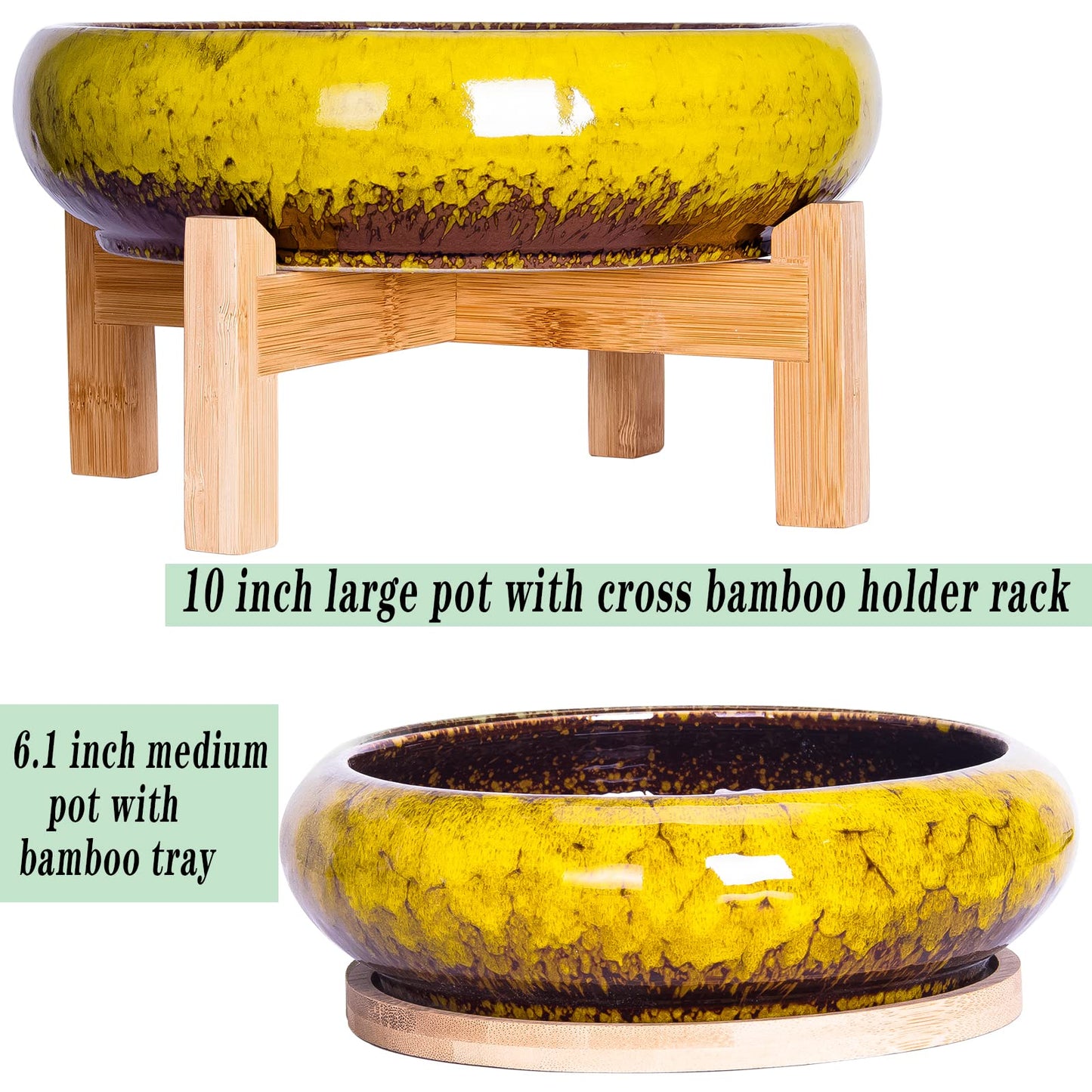 Succulent Pots, Large Succulent Planter with Stand, 7.3/10 Inch Bonsai Planters with Drainage Trays Ceramic Pot for Indoor Cactus Flower Plants Set of 2