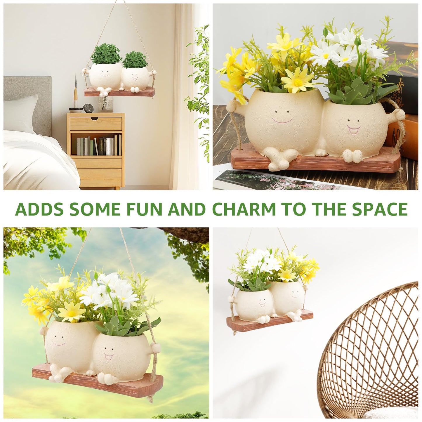 KarHoeGern Face Flower Pot Small Swing Face Hanging Planter Pots Swinging Succulent Cute Hanging Flower Pot Resin Head Planter for String Indoor Outdoor Plants Lovers Birthday