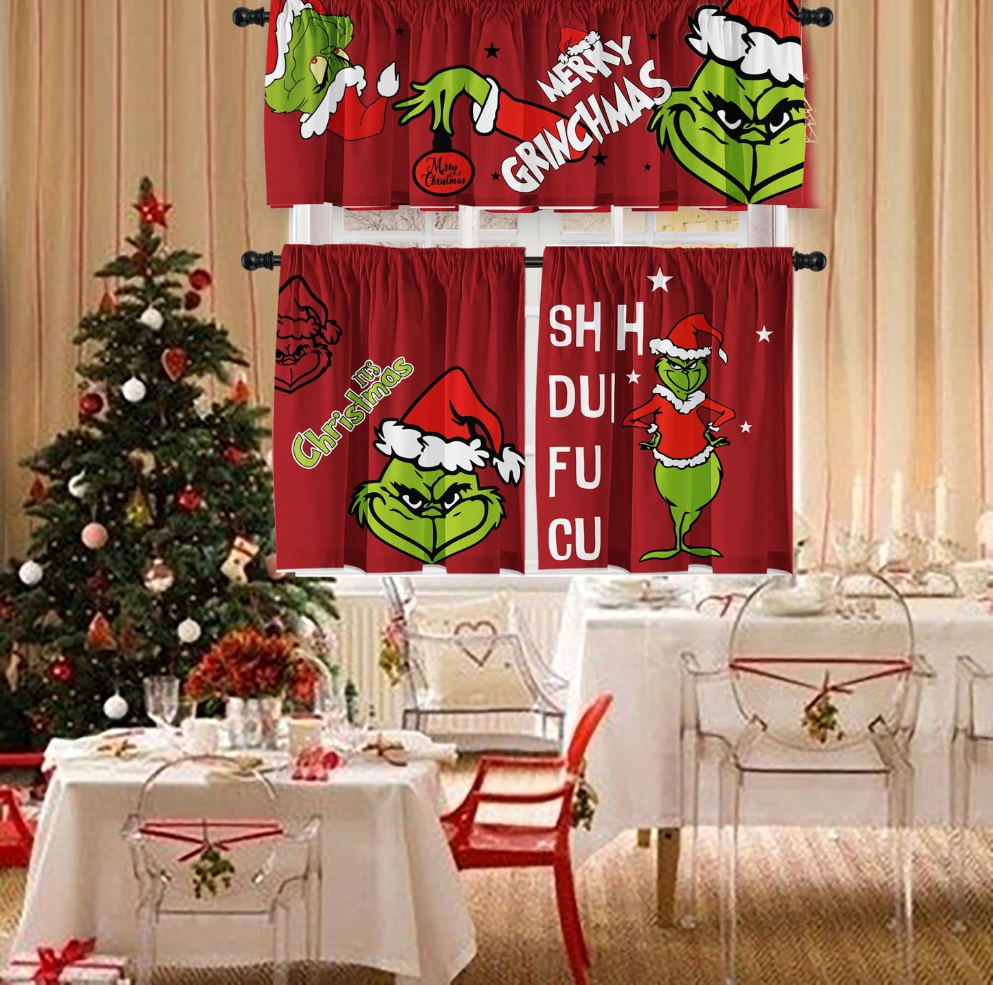 Cuteiush Christmas Valance Holiday Kitchen Curtain Small Window Valances with Rod Pocket Xmas Farmhouse Bathroom and Laundry Short Curtains Decoration 3 Panel Red Set 52Lx18W & 36Lx26Wx2
