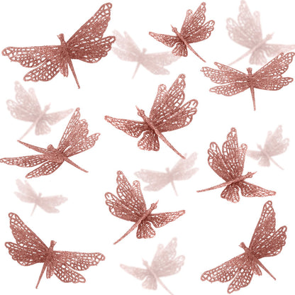 Motionchic 24 Pcs Glitter Dragonfly Decorations, Rose Gold 3D Dragonfly Wall Decor with Clips Stem for Spring Summer Garden Party Wedding, Glitter Dragonflies for Floral Arrangement DIY Craft