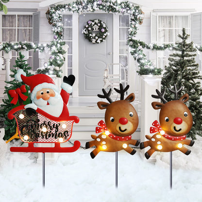 3 Pieces Christmas Decorations Outdoor Yard Sign with LED Lights Sled Lawn Sign Santa Reindeer Yard Sign with 3 Yard Stakes for Outdoor Christmas Decoration