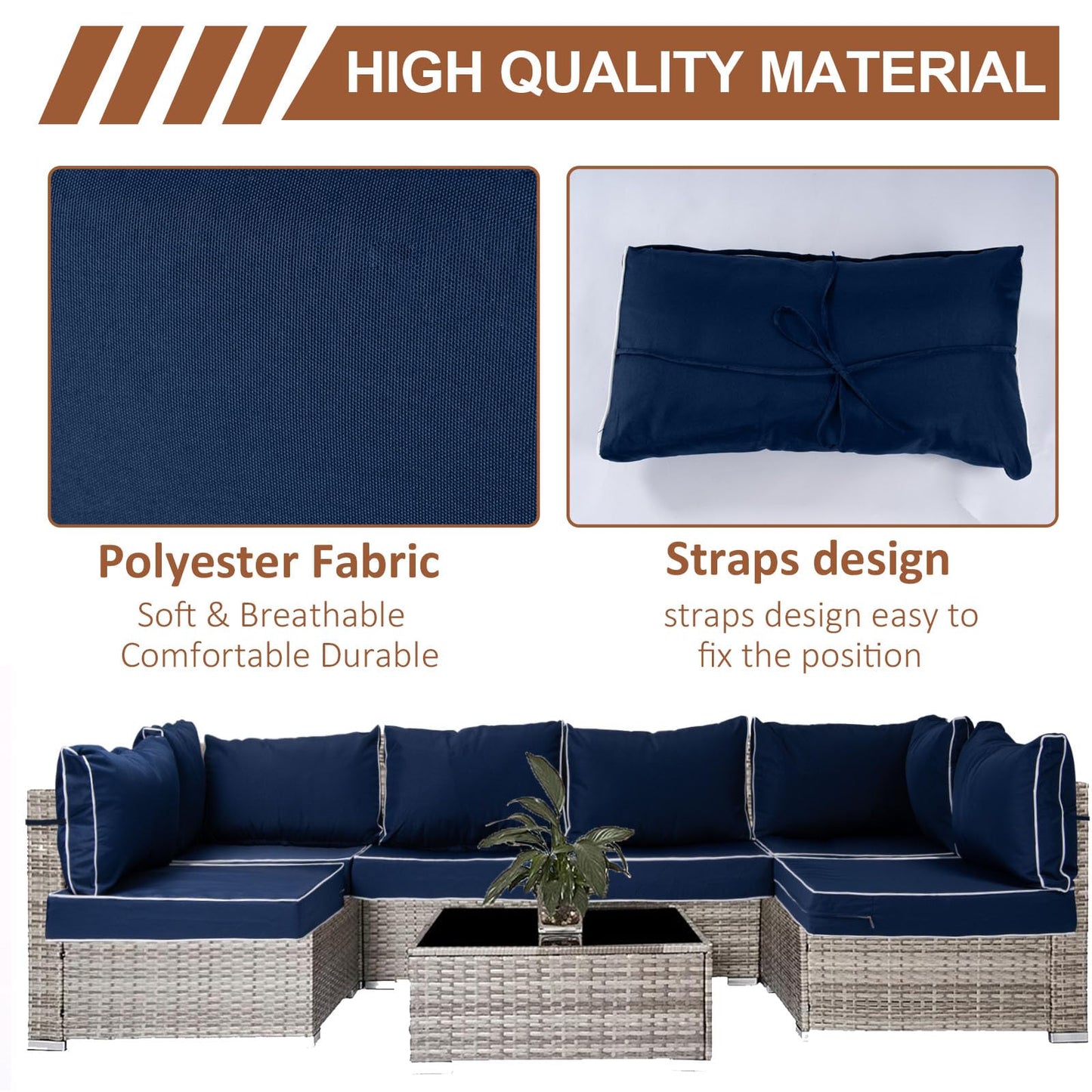 14 Piece Outdoor Patio Cushion Covers Replacement, Waterproof Outdoor Furniture Cushion Covers, Fit 7 Pcs 6 Seater Wicker Rattan Conversation Sofa Set, Navy Blue+White Piping(Only Cover) 25.6x25.6"
