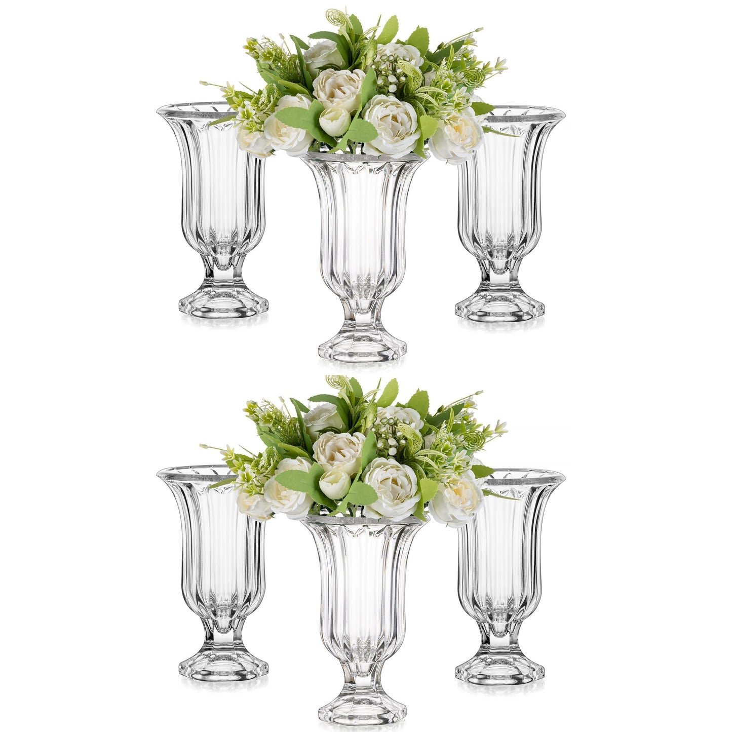 Glasseam Crystal Vases for Flowers, 7.5in Tall Vase Set of 6, Clear Glass Compote Vases and Ribbed Pedestal Bowls for Living Room Decorations Dining Table Home Decor
